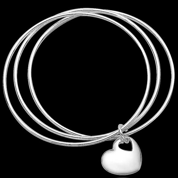Sterling Silver Stackable Minimalist Heart Charm Three Piece Bangle Bracelet - Picture 1 of 6